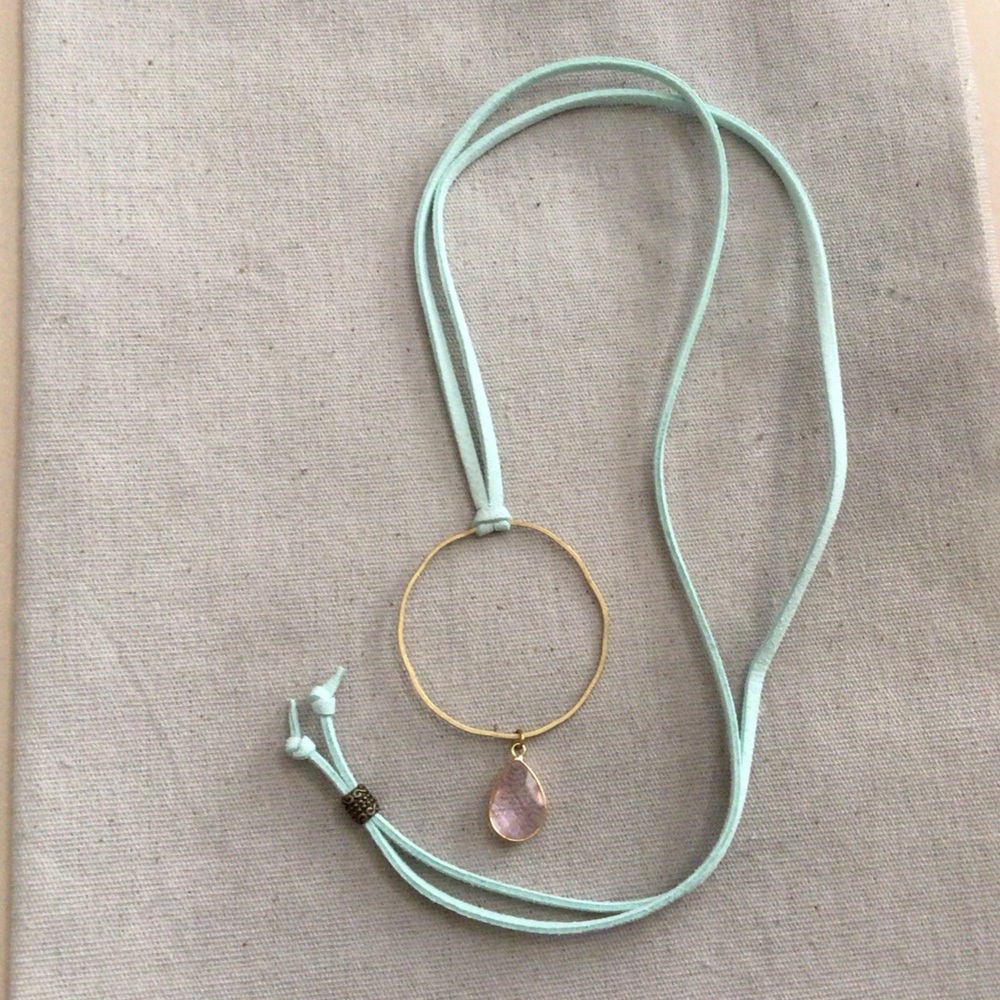 New handcrafted Sundance charm necklace blue suede cord pink stone pendant - Picture 6 of 6